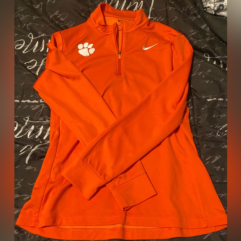 Orange long sleeve Nike dri-fit clemson shirt with white paw